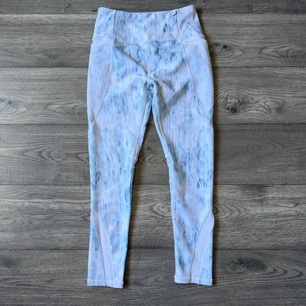 CALIA Carrie Underwood Blue White Watercolor Mesh Panel Leggings Womens Medium